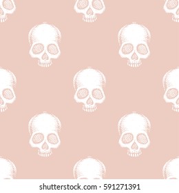 Seamless pattern with hand drawn skulls. Pale Dogwood color. Vector Illustration