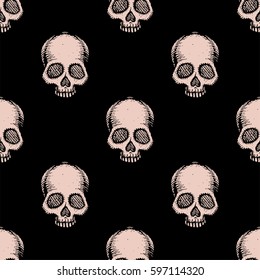 Seamless pattern with hand drawn skulls. Pale Dogwood and black color. Vector Illustration