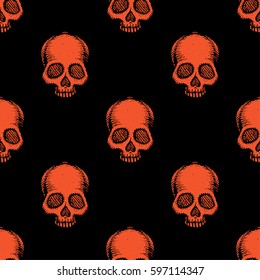 Seamless pattern with hand drawn skulls. Flame and black color. Vector Illustration