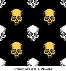 Seamless pattern with hand drawn skulls. Primrose Yellow, white and black color. Vector Illustration