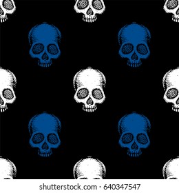 Seamless pattern with hand drawn skulls. Lapis Blue, white and black color. Vector Illustration