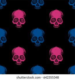 Seamless pattern with hand drawn skulls. Vector Illustration