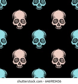 Seamless pattern with hand drawn skulls. Island Paradise, Pale Dogwood and black color. Vector Illustration