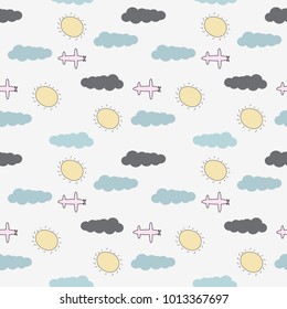 Seamless pattern with hand drawn sky children's style,sun,cloud,plane
