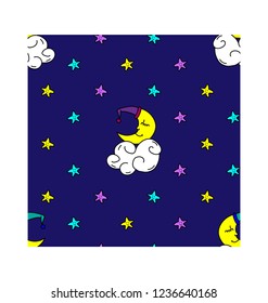 Seamless pattern with hand drawn sleeping moon and stars. Vector illustration.