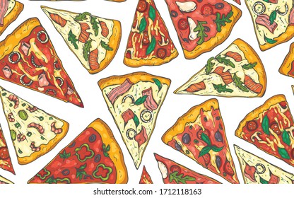 Seamless pattern with hand drawn slices of pizza