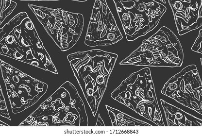 Seamless pattern with hand drawn slices of pizza. Black background, blackboard