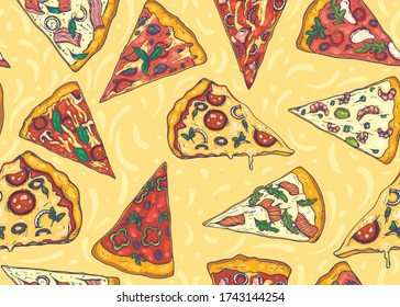 Seamless pattern with hand drawn slices of pizza