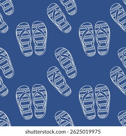 Seamless pattern with hand drawn slippers as white line on dark blue background. Minimalist illustration of cozy shoes for kids fabric, wrapping paper, kids room decor, coloring books and surface