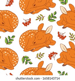 Seamless pattern of hand drawn slipping baby deer and plants isolated on white background. Vector stock illustration with forest creatures.