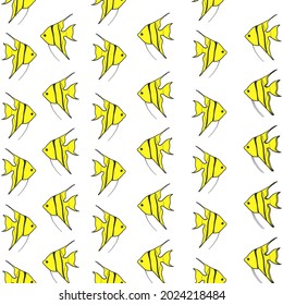 Seamless pattern of a hand drawn small tropical colorful fishes. illustration in childish style. images are isolated on white background.