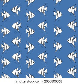 Seamless pattern of a hand drawn small tropical colorful fishes. illustration in childish style. images are isolated on blue background.