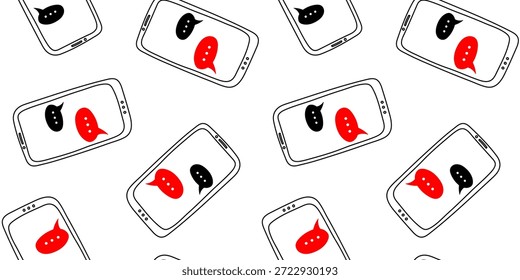 Modelo inconsútil con los smartphones dibujados a mano y las burbujas rojas del chat en el elemento de diseño móvil del mensaje del fondo blanco