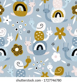 Seamless pattern with hand drawn snails and flowers. Creative for fabric, wrapping, textile, wallpaper, apparel. Vector illustration in pastel colors.