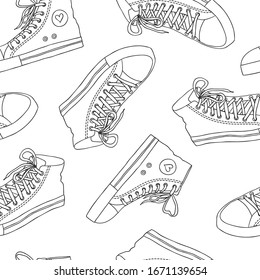 Seamless pattern with hand drawn sneakers.  Black and white linear background