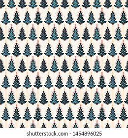 Seamless pattern. Hand drawn snow star  Christmas tree. Star fir forest stripes background. Traditional winter holiday all over print. Festive yule gift wrapping paper illustration. Vector swatch