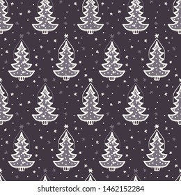 Seamless pattern. Hand drawn snow Christmas tree. Star fir forest snowflakes background. Traditional winter holiday all over print