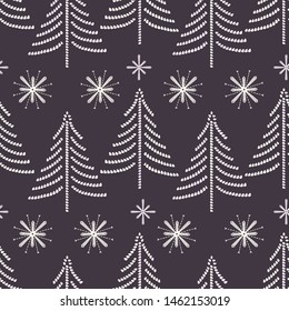 Seamless pattern. Hand drawn snow Christmas tree. Star fir forest snowflakes background. Traditional winter holiday all over print