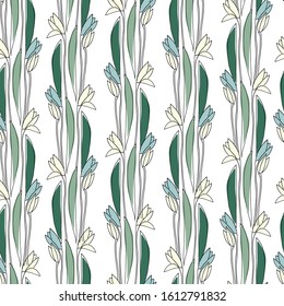 Seamless pattern with hand drawn snowdrop flowers on white background for surface design and other design projects