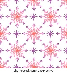 Seamless pattern with hand drawn snowflakes on white background. Gradient from coral and deep violet. Suitable for packaging, wrappers, fabric design