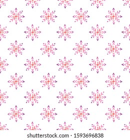 Seamless pattern with hand drawn snowflakes on white background. Gradient from coral and deep violet. Suitable for packaging, wrappers, fabric design