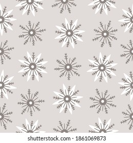 Seamless pattern with hand drawn snowflakes on a beige background. Doodle, simple illustration. It can be used for decoration of textile, paper and other surfaces.