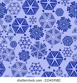 Seamless pattern with hand drawn snowflakes composed of triangles on violet background. Clipping mask is used, vector illustration.