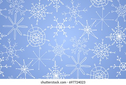 Seamless pattern with hand drawn snowflakes on blue sky. Vector illustration for your design. 