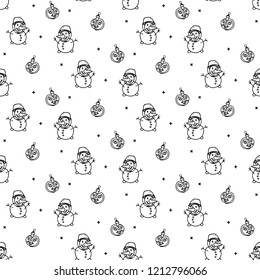 Seamless pattern hand drawn snowman and christmas balls. Doodle black sketch. Sign symbol. Decoration element. Isolated on white background. Flat design. Vector illustration.