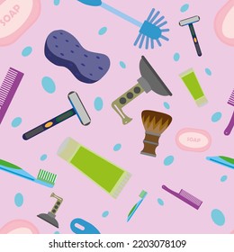 Seamless pattern with hand drawn soap, towels and bathroom accessories on a pastel background. Doodle, simple outline illustration. It can be used for decoration of textile, paper and other surfaces