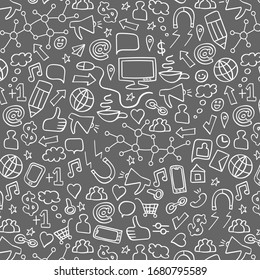 Seamless pattern with hand drawn social media elements on grey background. Internet technology print. Vector illustration.