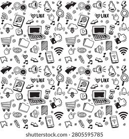 Seamless pattern of hand drawn social media and digital technology icons doodles