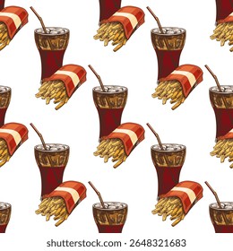 Seamless pattern with hand drawn soda in glass with straw and French fries in red striped container. Vintage fast food sketch on white background. Ideal for menu design, wrapping paper or textile.