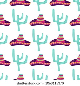 Seamless pattern with hand drawn sombrero, cactus. Can be used for banner or card for Cinco de Mayo celebration. Holiday poster . Vector Mexican fiesta.