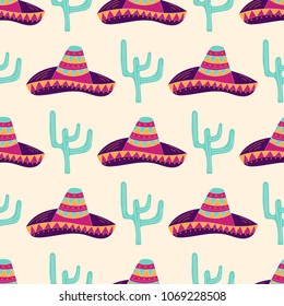 Seamless pattern with hand drawn sombrero, cactus. Can be used for banner or card for Cinco de Mayo celebration. Holiday poster . Vector Mexican fiesta.