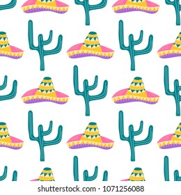 Seamless pattern with hand drawn sombrero, cactus. Can be used for banner or card for Cinco de Mayo celebration. Holiday poster . Vector Mexican fiesta.