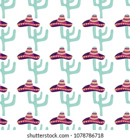 Seamless pattern with hand drawn sombrero, cactus. Can be used for banner or card for Cinco de Mayo celebration. Holiday poster . Vector Mexican fiesta.