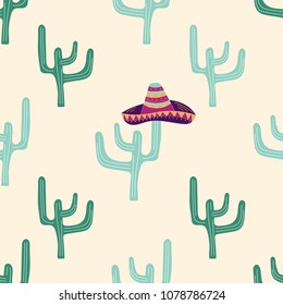 Seamless pattern with hand drawn sombrero, cactus. Can be used for banner or card for Cinco de Mayo celebration. Holiday poster . Vector Mexican fiesta.