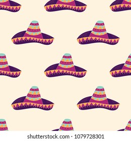 Seamless pattern with hand drawn sombrero. Can be used for banner or card for Cinco de Mayo celebration. Holiday poster . Vector Mexican fiesta.