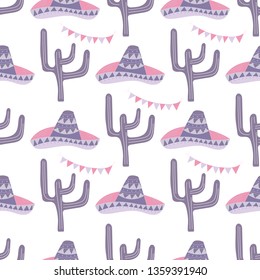 Seamless pattern with hand drawn sombrero, cactus. Can be used for banner or card for Cinco de Mayo celebration. Holiday poster . Vector Mexican fiesta. May 5, federal holiday in Mexico