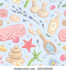 Seamless pattern with hand drawn spa treatment elements. Vector illustration