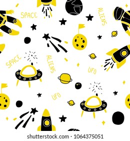 Seamless pattern of hand drawn space objects with planets and stars. Vector illustration