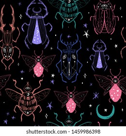 Seamless pattern with hand drawn space magic beetles. Sacred Moon symbol, abstract art