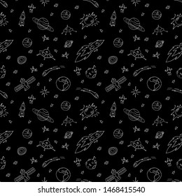 Seamless pattern with hand drawn space objects. White outline drawings on black background. Doodle vector illustration.