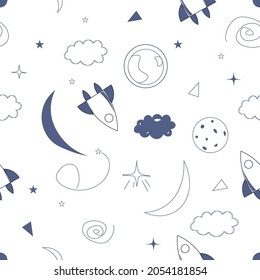 Seamless pattern with hand drawn space. Space background.Vector illustration
