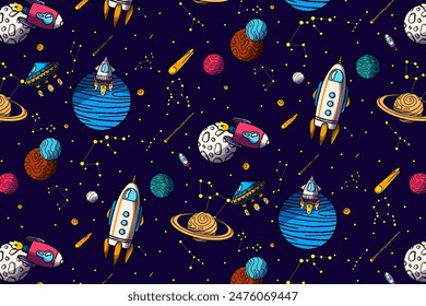 Patrón sin fisuras con Elementos espaciales dibujados a mano de espacio, cohete, estrella, planeta, sonda espacial. Fondo de Vector de los niños de moda.