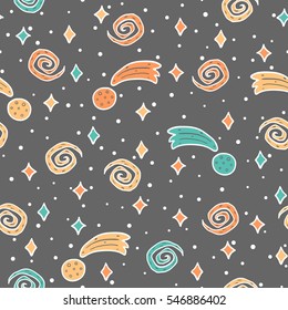 Seamless pattern with hand drawn space, stars and asteroids. Colorful childish wallpaper on dark background. Simple design