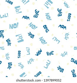 Seamless pattern with hand drawn speech bubbles with handwritten short phrases yes, bye, omg, wow, hi, lol, love, oops, no. Vector