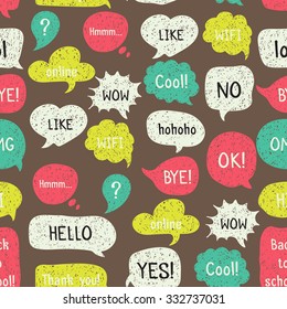 Seamless pattern with hand drawn speech and thought bubbles. Doodle design with short messages.