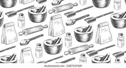 Seamless pattern with hand drawn spice jars, package of flour, mortar and pestle, wooden spatula, rolling pin. Sketch style kitchen utensils for cooking. Engraving style illustration for bakery